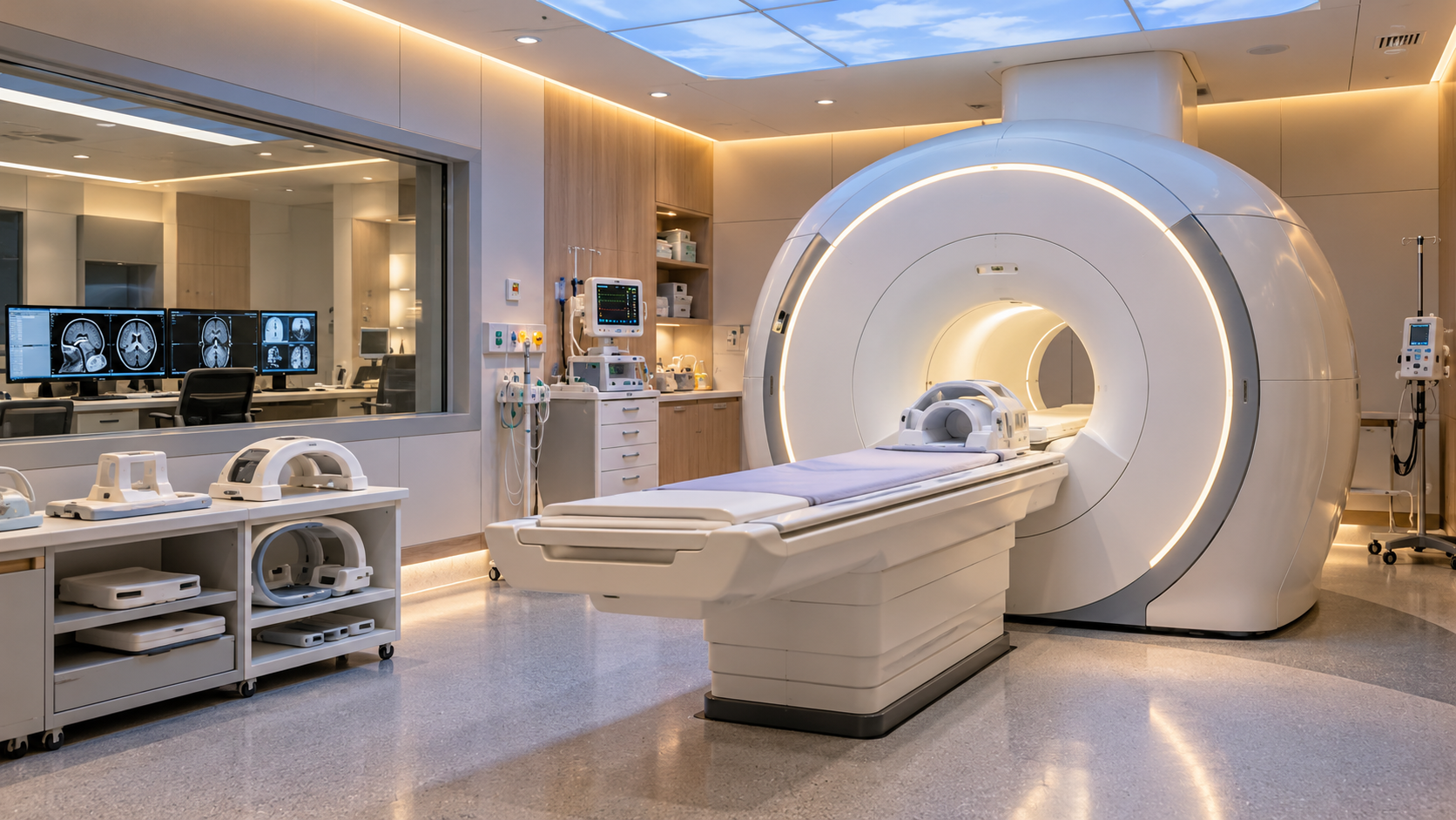 Modern MRI scanner room with patient table