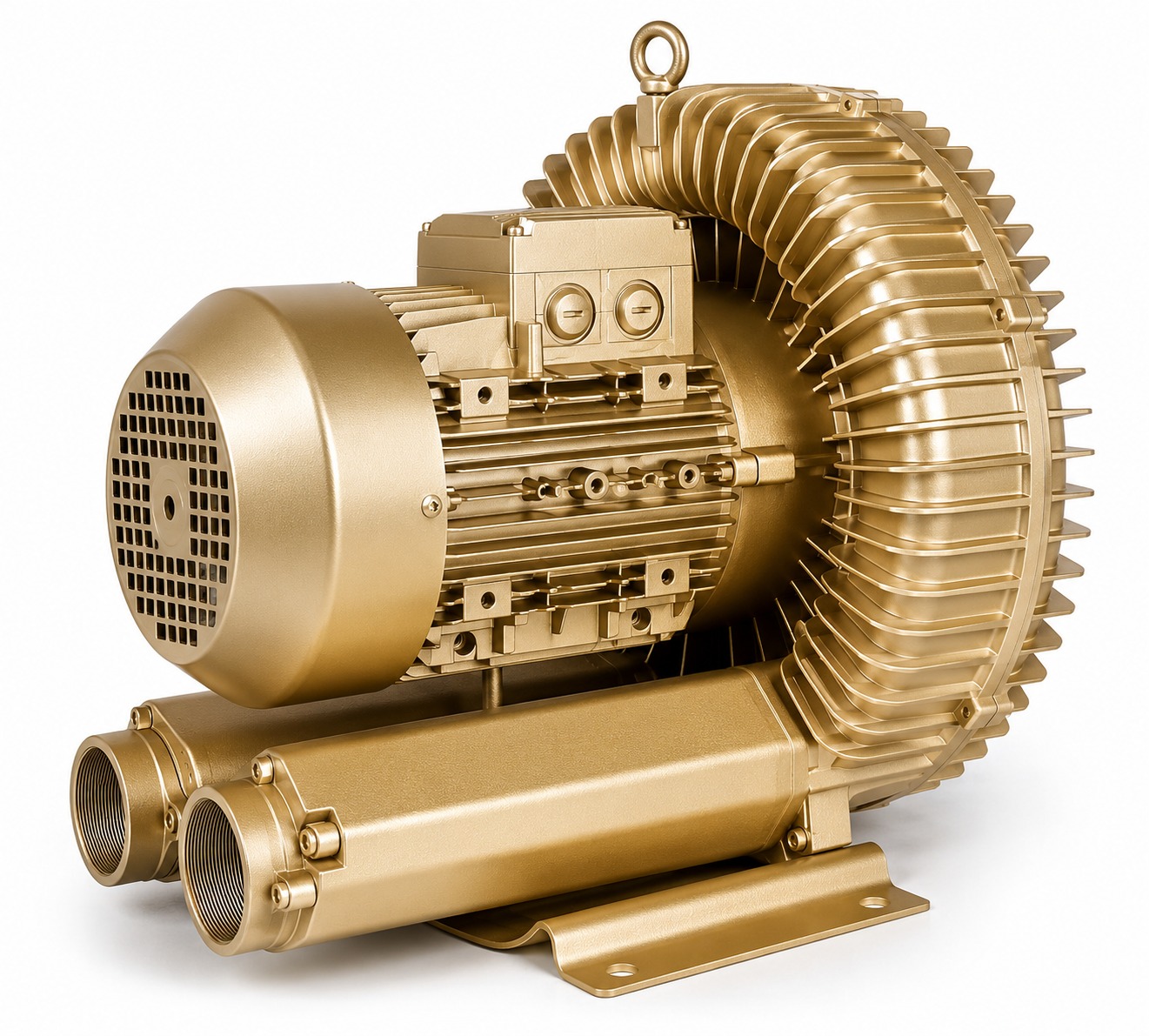 Gold industrial blower with motor used to move carriers through the tubes