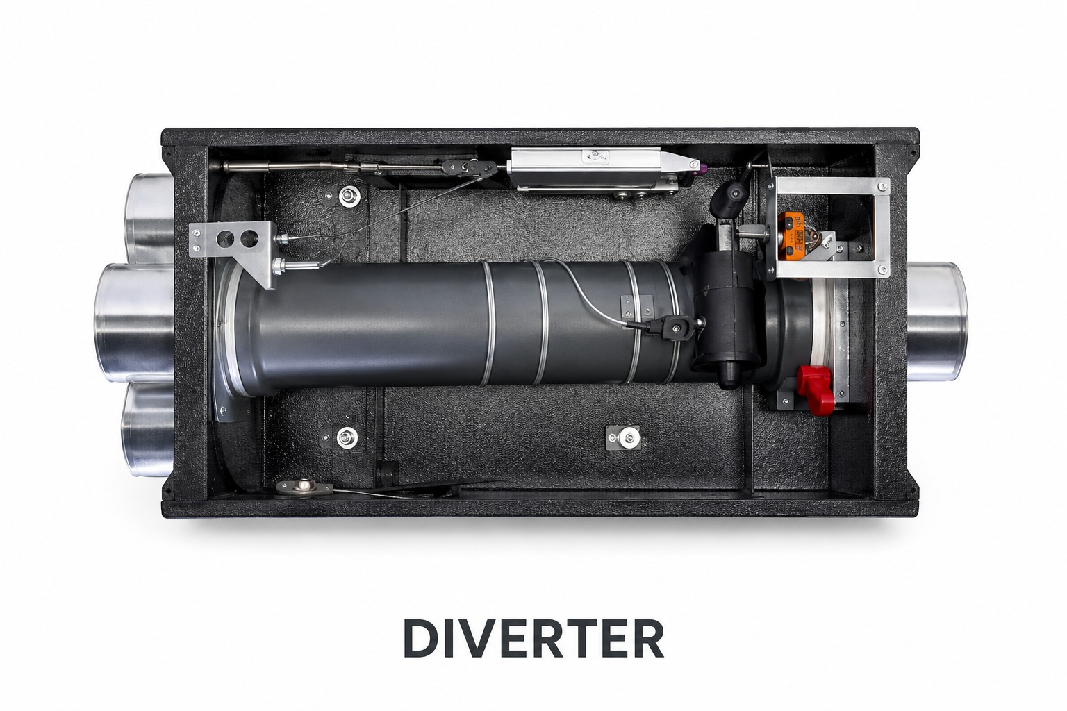 Pneumatic tube system diverter unit with pipe connections, actuator and sensors